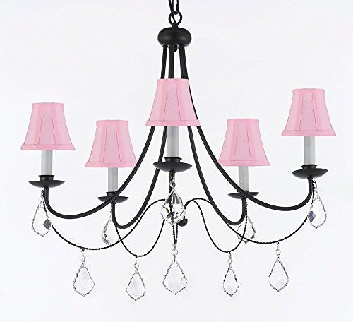 Empress Crystal (Tm) Wrought Iron Chandelier Lighting H.22.5" X W.26" With Pink Shades Swag Plug In-Chandelier W/ 14' Feet Of Hanging Chain And Wire - J10-B16/Sc/Pinkshades/B7/26031/5