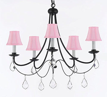 Empress Crystal (Tm) Wrought Iron Chandelier Lighting H.22.5" X W.26" With Pink Shades Swag Plug In-Chandelier W/ 14' Feet Of Hanging Chain And Wire - J10-B16/Sc/Pinkshades/B7/26031/5