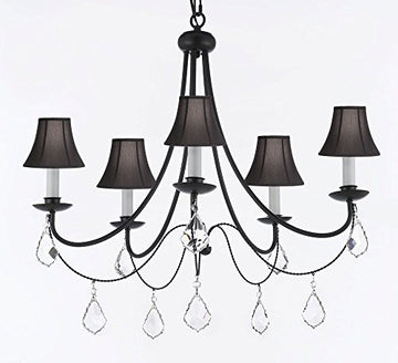 Empress Crystal (Tm) Wrought Iron Chandelier Lighting H.22.5" X W.26" With Black Shades Swag Plug In-Chandelier W/ 14' Feet Of Hanging Chain And Wire - J10-B16/Sc/Blackshades/B7/26031/5