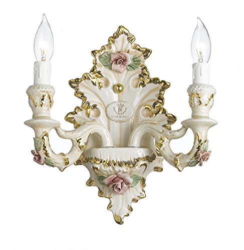 Authentic Capodimonte Porcelain Wall Sconce Lighting Cottage Chic Made in Italy, 24K Gold Trimmed w/ Roses & Flowers - GB102-WALLSCONCE/2/435