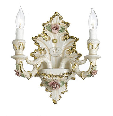 Authentic Capodimonte Porcelain Wall Sconce Lighting Cottage Chic Made in Italy, 24K Gold Trimmed w/ Roses & Flowers - GB102-WALLSCONCE/2/435