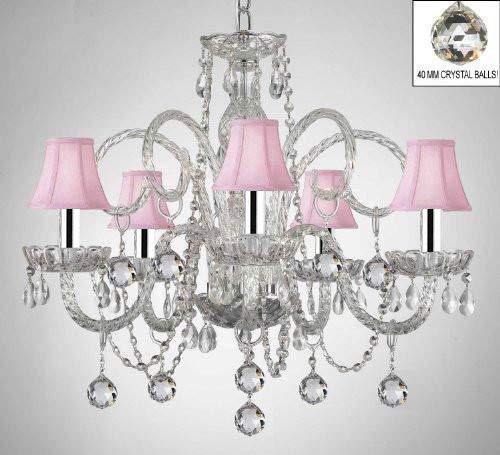 CRYSTAL CHANDELIER WITH PINK SHADES & CRYSTAL BALLS W/CHROME SLEEVES! - A46-B43/B6/PINKSHADES/385/5