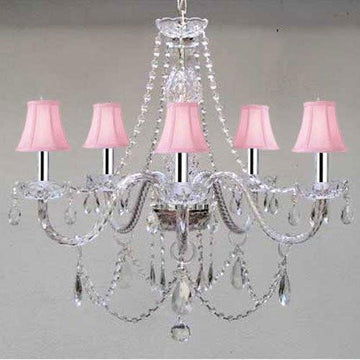 Swarovski Crystal Trimmed Chandelier! Murano Venetian Style Chandelier & Pink Shades w/Chrome Sleeves! W24" X H25" - A46-B43/PINKSHADES/384/380/5SW