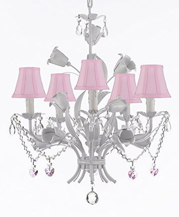 White Wrought Iron Floral Chandelier Empress Crystal (Tm) Flower Chandeliers Lighting H23" X W19" With Pink Shades - J10-Sc/Pinkshades/B23/B52/White/325/5