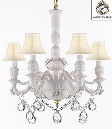Authentic Capodimonte White Porcelain Chandelier Lighting Chandeliers Made in Italy, Good for Dining Room, Kids & Girls Bedrooms w/ Roses & Flowers Speciality item, W/ Crystal Balls With White Shades - GB102-SC/WHITESHADE/B52/B6/WHITE/435/6