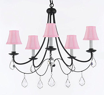 Empress Crystal (Tm) Wrought Iron Chandelier Lighting H.22.5" X W.26" With Pink Shades - J10-Sc/Pinkshades/B7/26031/5