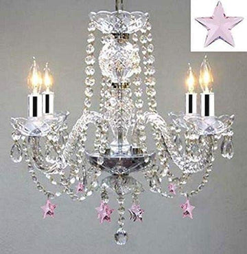 Empress Crystal(TM) Chandelier Lighting w/Pink Crystal Stars w/Chrome Sleeves! H 17" W17" - Nursery, Kids, Girls Bedrooms, Kitchen, Etc! - J10-B43/B38/26098/4
