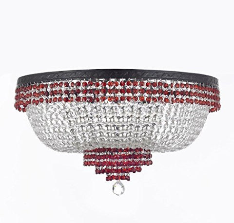 French Empire Crystal Flush Chandelier Chandeliers Lighting Trimmed with Ruby Red Crystal With Dark Antique Finish! H21" X W30" Good for Dining Room, Foyer, Entryway, Family Room and More! - A500-B75/CB/FLUSH/870/14