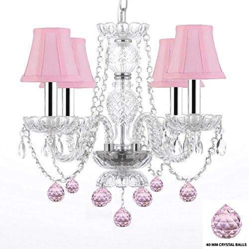 Chandelier Lighting W/Crystal Pink Shades & Balls! W/Chrome Sleeves! H 17" - Perfect for Kid's and Girls Bedroom! W 17" - J10-B43/B76/PINKSHADES/26098/4
