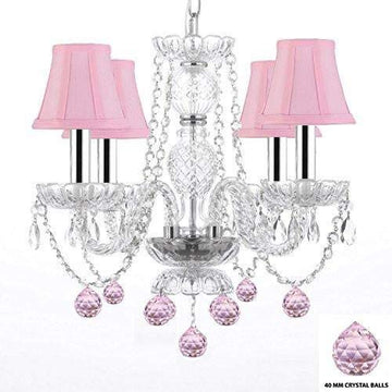 Chandelier Lighting W/Crystal Pink Shades & Balls! W/Chrome Sleeves! H 17" - Perfect for Kid's and Girls Bedroom! W 17" - J10-B43/B76/PINKSHADES/26098/4