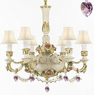 Authentic Capodimonte Porcelain Chandelier Lighting Chandeliers Made in Italy, 24K Gold Trimmed w/ Roses & Flowers Dressed w/ Crystals and Hearts With White Shades - GB102-SC/WHITESHADE/B52/B21/435/6