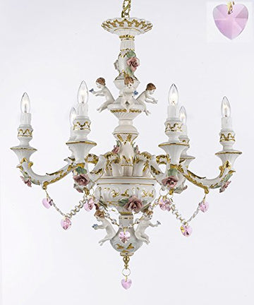 Authentic Capodimonte Porcelain Chandelier Lighting w/ Cherub Angels W/ Pink Hearts Made in Italy Good for Dining Room, Kids & Girls Bedrooms 24K Gold Trimmed w/ Roses & Flowers-Limited Stock - GB102-B21/B52/119/6