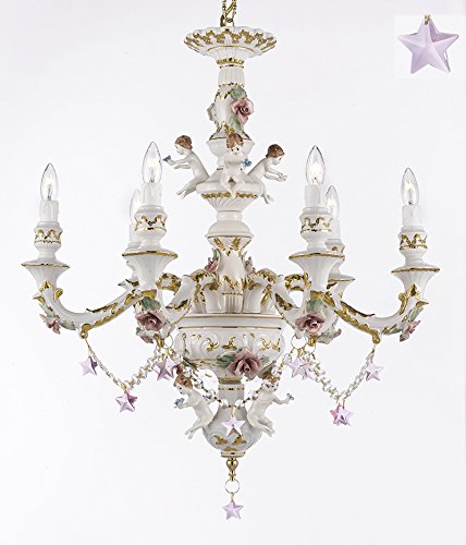 Authentic Capodimonte Porcelain Chandelier Lighting w/ Cherub Angel W/ Pink Stars Made in Italy Good for Dining Room, Kids & Girls Bedrooms 24K Gold Trimmed w/ Roses & Flowers-Limited Stock Available - GB102-B38/B52/119/6