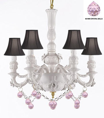 Authentic Capodimonte White Porcelain Chandelier Lighting Chandeliers Made in Italy, w/ Roses & Flowers Speciality item, Limited Stock Available W/ Pink Balls Crystals and Black Shades - GB102-SC/BLACKSHADE/B52/B76/WHITE/435/6