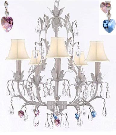 White Wrought Iron Floral Chandelier Lighting W/ Blue And Pink Hearts And Shades - J10-Sc/Whiteshade/B85/B21/White/26016/5