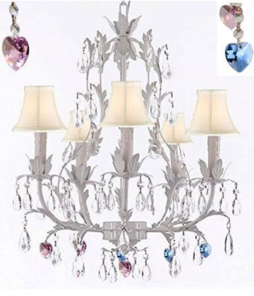 White Wrought Iron Floral Chandelier Lighting W/ Blue And Pink Hearts And Shades - J10-Sc/Whiteshade/B85/B21/White/26016/5