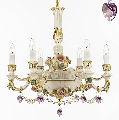 Authentic Capodimonte Porcelain Lighting Chandeliers Cottage Chic Made in Italy, Good for Dining Room, Kids & Girls Bedrooms 24K Gold Trimmed w/ Roses & Flowers Dressed w/ Crystals and Hearts - GB102-B52/B21/435/6