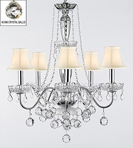 Elegant 5 Light Crystal Chandelier Pendant Lighting Fixture Light Lamp With White Shades And Crystal Balls - J10-Sc/Whiteshades/B6/26017/5