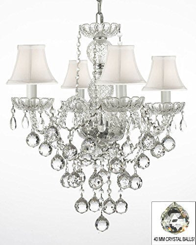 Swarovski Crystal Trimmed Chandelier New Authentic All Crystal Chandelier Lighting W/ 40Mm Crystal Balls And With White Shades H22" X W17" - J10-Whiteshades/B6/3/26098/4 Sw