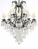 Swarovski Wrought Iron Chandelier Crystal Chandeliers Lighting Crystal H50" X W36" With White Shades! Great for Dining room, Entryway / Foyer, or Living room! - A83-SC/WHITESHADE/B12/3034/10+5SW