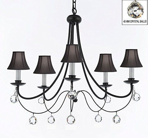Empress Crystal (Tm) Wrought Iron Chandelier Lighting H.22.5" X W.26" With Black Shades And Crystal Balls Swag Plug In-Chandelier W/ 14' Feet Of Hanging Chain And Wire - J10-B16/Sc/Blackshades/B6/26031/5