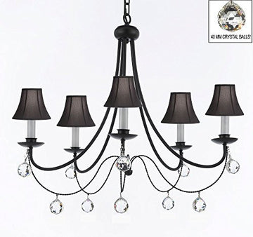 Empress Crystal (Tm) Wrought Iron Chandelier Lighting H.22.5" X W.26" With Black Shades And Crystal Balls Swag Plug In-Chandelier W/ 14' Feet Of Hanging Chain And Wire - J10-B16/Sc/Blackshades/B6/26031/5