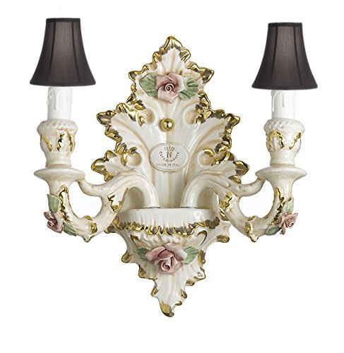 Authentic Capodimonte Porcelain Wall Sconce Lighting Cottage Chic Made in Italy With Shades, 24K Gold Trimmed w/ Roses & Flowers - GB102-WALLSCONCE/2/435/BLACKSHADES