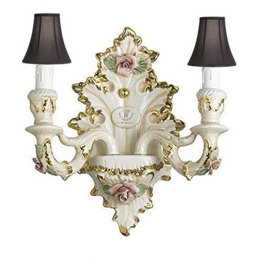 Authentic Capodimonte Porcelain Wall Sconce Lighting Cottage Chic Made in Italy With Shades, 24K Gold Trimmed w/ Roses & Flowers - GB102-WALLSCONCE/2/435/BLACKSHADES