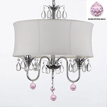 Crystal Chandelier With Large White Shade And Pink Crystal Balls W18" H 22" - Perfect For Kids' And Girls Bedrooms - J10-B76/White/26033/3