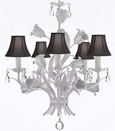 White Wrought Iron Floral Chandelier Empress Crystal(Tm) Flower Chandeliers Lighting H23" X W19" With Shades - J10-Sc/Blackshades/B39/White/325/5