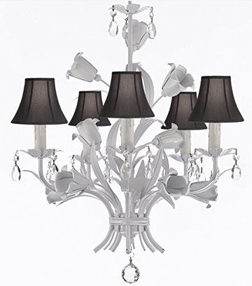 White Wrought Iron Floral Chandelier Empress Crystal(Tm) Flower Chandeliers Lighting H23" X W19" With Shades - J10-Sc/Blackshades/B39/White/325/5