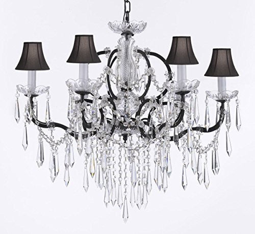 Nineteenth C. Baroque Iron & Empress Crystal (Tm) Chandelier Lighting Crystal Icicles H 25" X W 26" With Black Shades - G83-Blackshades/B27/994/6
