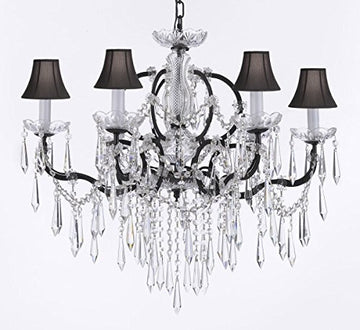 Nineteenth C. Baroque Iron & Empress Crystal (Tm) Chandelier Lighting Crystal Icicles H 25" X W 26" With Black Shades - G83-Blackshades/B27/994/6