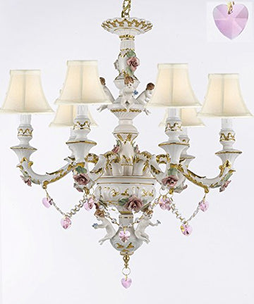 Authentic Capodimonte Porcelain Chandelier Lighting w/ Cherub Angels W/ Pink Hearts w/ white Shades Made in Italy Good for Dining Room, Kids & Girls Bedrooms 24K Gold Trimmed w/ Roses & Flowers - GB102-SC/WHITESHADES/B21/119/6