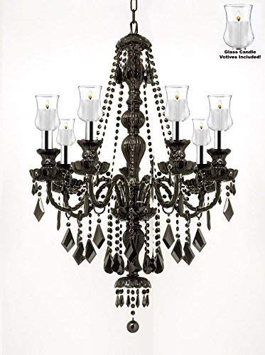 Crystal Chandelier Lighting W/Candle Votives w/Chrome Sleeves! H30" W26" - For Indoor/Outdoor Use! Great for Outdoor Events, Hang from Trees/Gazebo / Pergola/Porch / Patio/Tent ! - J10-B43/B31/BLACK/SM/26073/7
