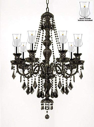 Crystal Chandelier Lighting W/Candle Votives w/Chrome Sleeves! H30" W26" - For Indoor/Outdoor Use! Great for Outdoor Events, Hang from Trees/Gazebo / Pergola/Porch / Patio/Tent ! - J10-B43/B31/BLACK/SM/26073/7