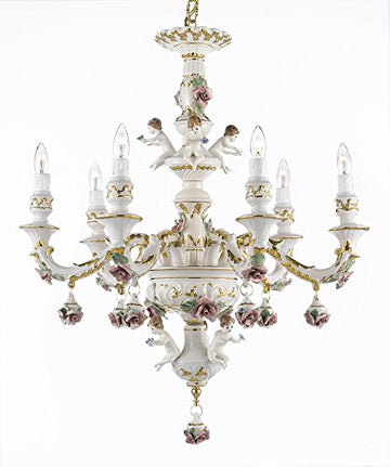 Authentic Capodimonte Porcelain Chandelier Lighting Chandeliers w/ Cherub Angels Made in Italy Good for Dining Room, Kids & Girls Bedrooms 24K Gold Trimmed w/ Roses & Flowers-Limited Stock Available - GB102-119/6