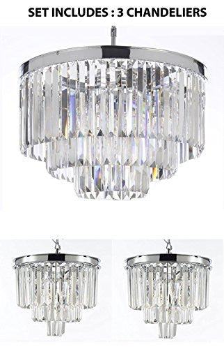 Set Of 3 Chandeliers: 1 Palladium Crystal Glass Fringe 3-Tier Chandelier H 21.50" W 19.75" + 2 Palladium Crystal Glass Fringe 3-Tier Chandeliers H 15" W 12" - Chandeliers Lighting Chrome Finish - 1Ea 2164/9+2Ea 26042/3