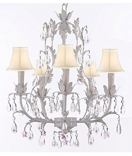 White Wrought Iron Floral Chandelier Lighting W/ Pink Stars And Shades - J10-Sc/Whiteshade/B38/White/26016/5
