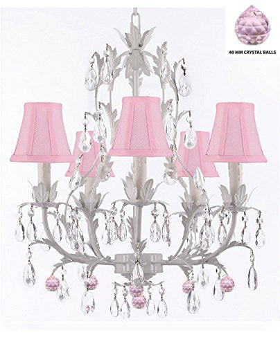 White Wrought Iron Floral Chandelier Lighting W/ Pink Balls And Shades - J10-Sc/Pinkshade/B76/White/26016/5