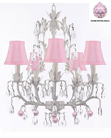 White Wrought Iron Floral Chandelier Lighting W/ Pink Balls And Shades - J10-Sc/Pinkshade/B76/White/26016/5