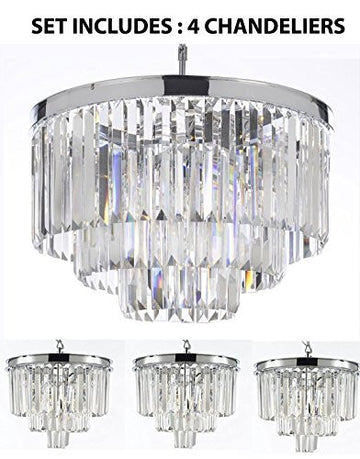 Set Of 4 Chandeliers: 1 Palladium Crystal Glass Fringe 3-Tier Chandelier H 21.50" W 19.75" + 3 Palladium Crystal Glass Fringe 3-Tier Chandeliers H 15" W 12" - Chandeliers Lighting Chrome Finish - 1Ea 2164/9+3Ea 26042/3