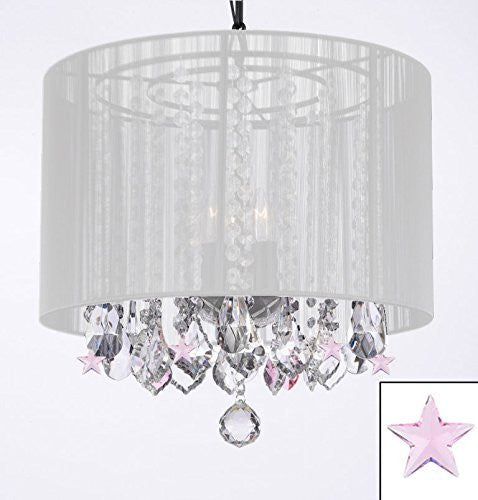 Crystal Chandelier With Large White Shade And Pink Crystal Stars - G7-B38/White/26028/3
