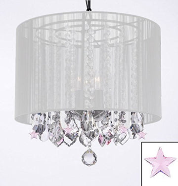 Crystal Chandelier With Large White Shade And Pink Crystal Stars - G7-B38/White/26028/3