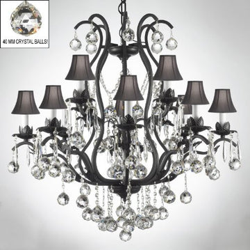 Wrought Iron Crystal Chandelier Lighting Dressed W/ Crystal Balls & Shades - A500-B6/Sc/3034/8+4 -Black Shades