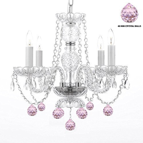 Swarovski Crystal Trimmed Chandelier Chandelier Lighting W/ Crystal Pink Balls H 17" W17" Swag Plug In-Chandelier W/ 14' Feet Of Hanging Chain And Wire - Perfect For Kid'S And Girls Bedrooms - J10-B15/B76/26098/4 Sw
