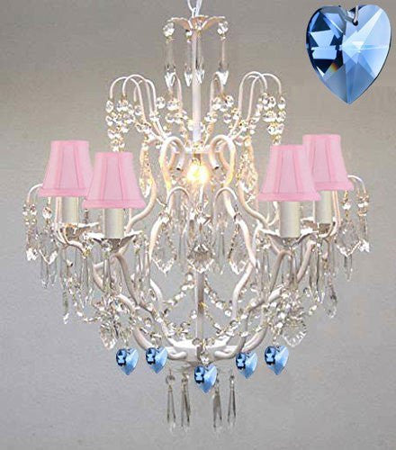 Wrought Iron & Crystal Chandelier Authentic Empress Crystal(Tm) Chandelier Lighting Chandeliers With Blue Hearts Nursery Kids Girls Bedrooms Kitchen Etc. With Pink Shades - J10-Pinkshades/White/B85/C/26025/5