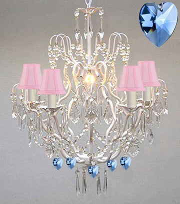 Wrought Iron & Crystal Chandelier Authentic Empress Crystal(Tm) Chandelier Lighting Chandeliers With Blue Hearts Nursery Kids Girls Bedrooms Kitchen Etc. With Pink Shades - J10-Pinkshades/White/B85/C/26025/5