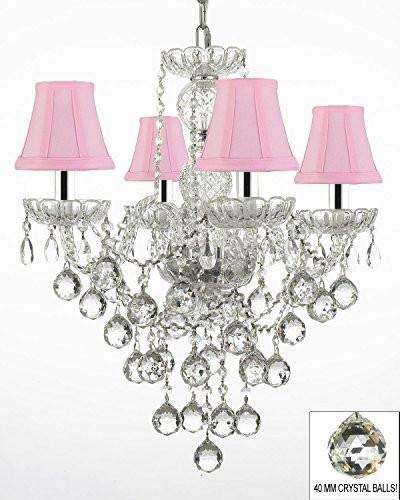 Swarovski Crystal Trimmed Chandelier! Authentic All Crystal Chandelier Chandeliers Lighting W/ 40MM Crystal Balls and with Pink Shades w/Chrome Sleeves! H22" X W17" - J10-B43/PINKSHADES/B6/3/26098/4 SW