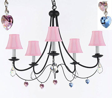 Empress Crystal (Tm) Wrought Iron Chandelier Chandeliers Lighting H22.5" X W26" With Blue And Pink Heart Crystals And Pink Shades - J10-Sc/Pinkshades/B85/B21/B7/26031/5